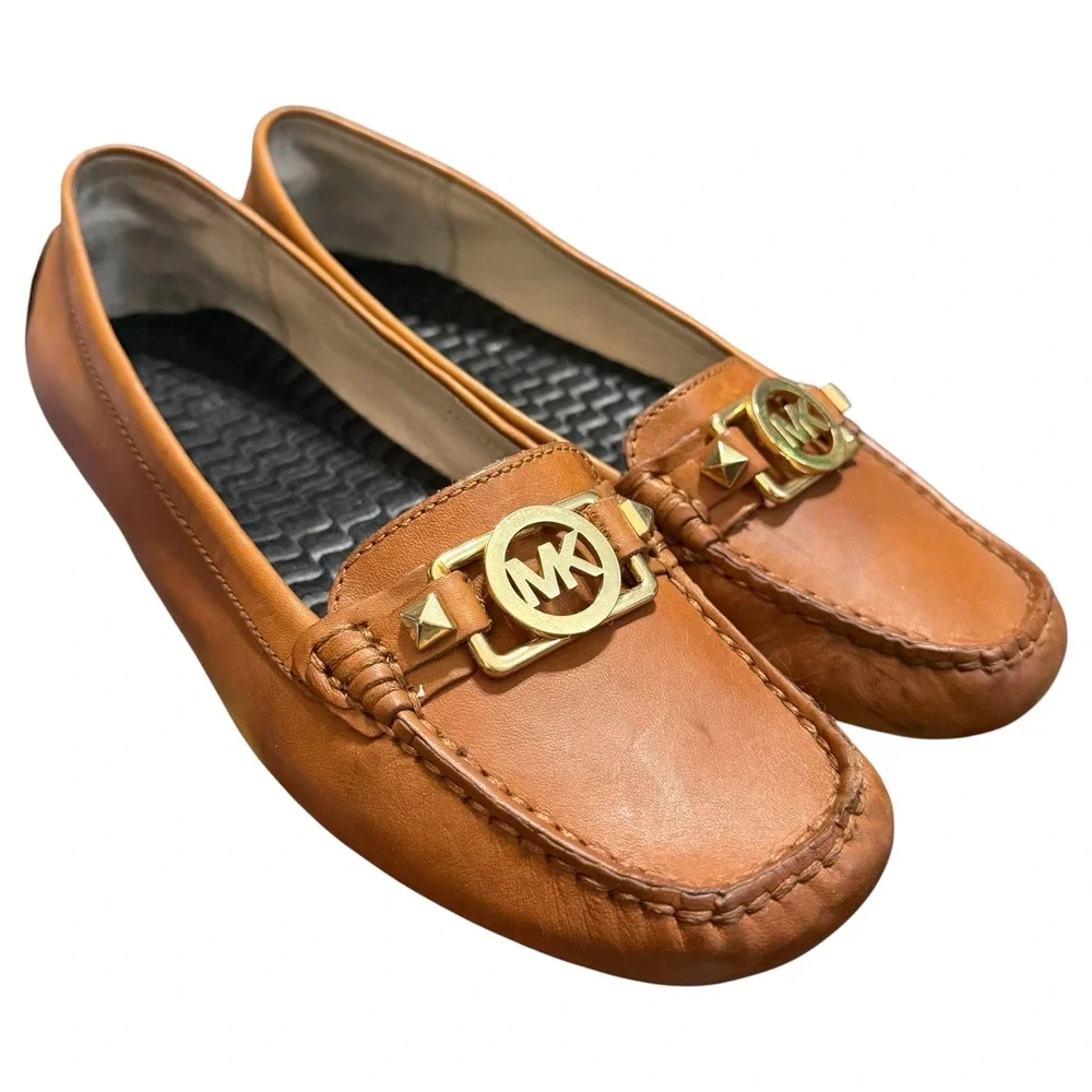 Michael Kors Womens Tan Leather MK Logo Driving Loafers Shoes 8.5M AD13F